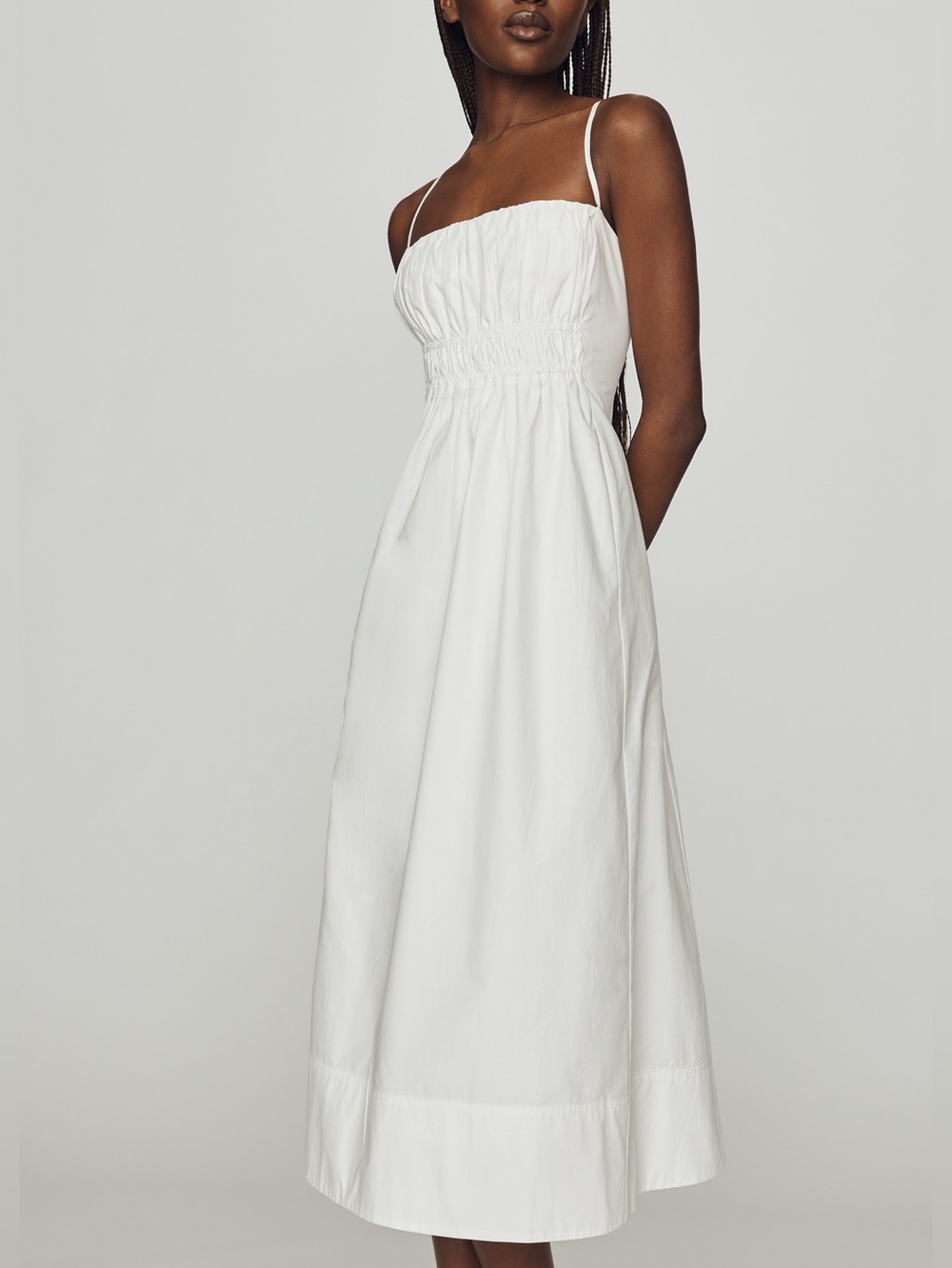 Anthropologie by Maeve Cotton Ruched White Smocked Bodice Midi Dress Size S